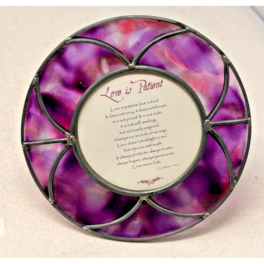 Russ Berrie Love Is Patient 1 Corinthians Purple Stained Glass Frame Plaque 6"